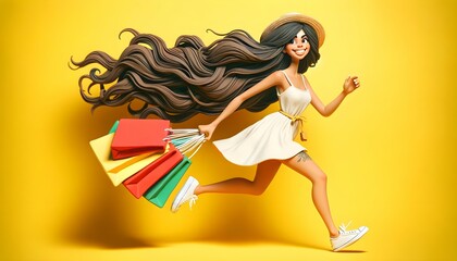 Personnage en pâte à modeler : Shopping, femme qui court avec des sacs
