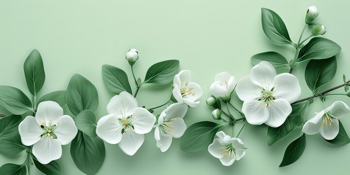 White flowers with green leaves on a light green background