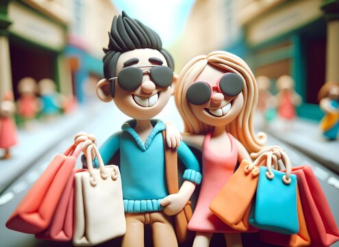 Personnage en pâte à modeler : Shopping en couple en ville