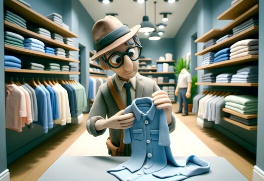Personnage en pâte à modeler : Homme regardant un chemise en magasin