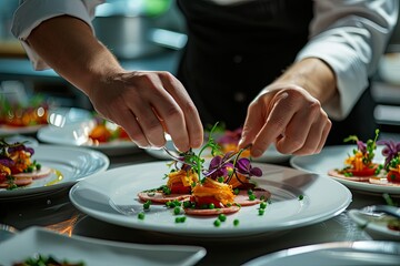 Obraz na płótnie Canvas A chef preparing a delicious dish in a fine restaurant.