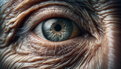 Old eye with lines of wisdom. Close-up of an old human eye surrounded by fine lines and wrinkles.