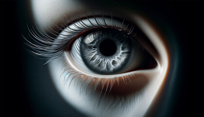 Intense gray eye in shadow. Close-up of a gray human eye, half in shadow.