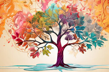 Ebru style colorful tree with leaves on hanging branches illustration background. Generative AI