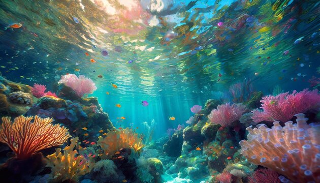 Underwater view of coral reef with tropical fish and rays of sunlight