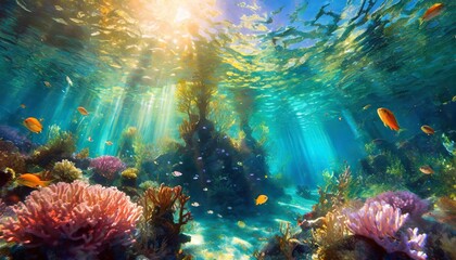 Underwater view of the coral reef with fish and rays of sunlight - obrazy, fototapety, plakaty