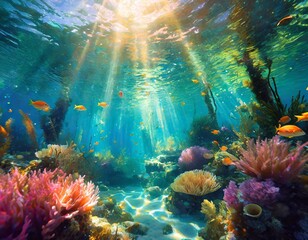 Underwater view of coral reef with fishes and corals under sunlight