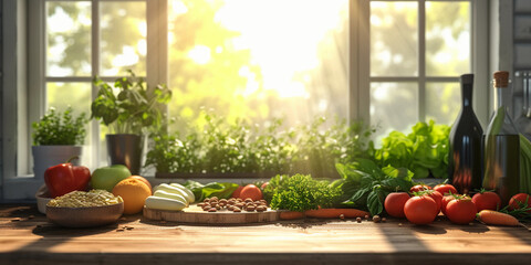 kitchen scene with a variety of healthy foods like fruits, vegetables, and nuts neatly arranged on...