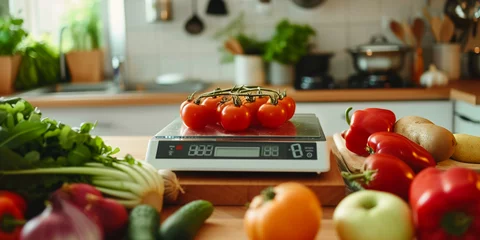 Foto op Canvas digital kitchen scale displaying a precise measurement with fresh vegetables and fruits around it, focus on the texture and natural colors of the food items, high-resolution, clean background © Marco Attano