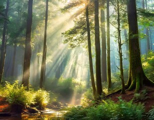 Sunbeams shining through the trees in the forest with ferns