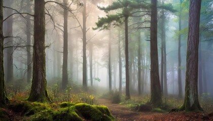 Morning in the forest. Foggy morning in the woods. Beautiful landscape