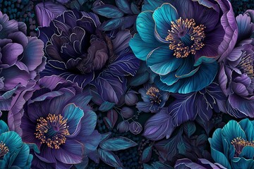 floral background, botanical flower bunch, dark turquoise and dark purple, pink, red, yellow,...