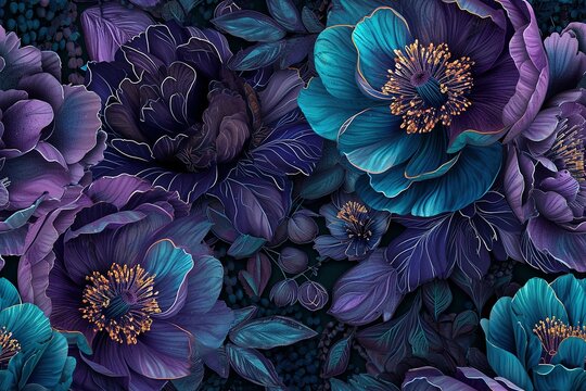 Naklejki floral background, botanical flower bunch, dark turquoise and dark purple, pink, red, yellow, vintage motif for floral print digital background.