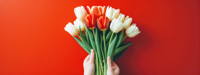 Woman Holding a Vibrant Bouquet of Red and White Tulips Against a Red Background Celebrating Womens Day
