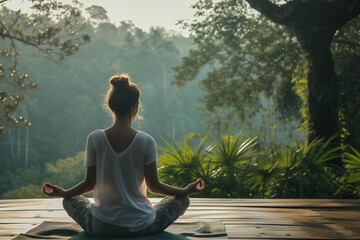 Individual meditating in a serene natural setting surrounded by greenery