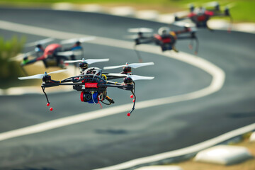 Obraz premium Pilots navigating drones through a challenging racecourse