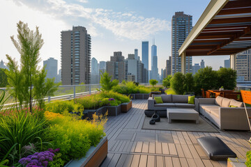 A rooftop garden oasis amidst the urban skyline