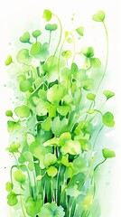Watercolor microgreens. Light background with aquarelle splashes. Concept of urban gardening, nutritious sprouting, compact farming, healthy lifestyle, grows, springtime, botanical art. Vertical