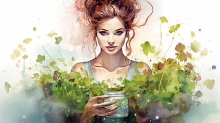 Female gardener with greenery in a vibrant watercolor style with splashes. White background. Concept of gardening, joy, nature, eco-friendly lifestyle, growth. - obrazy, fototapety, plakaty
