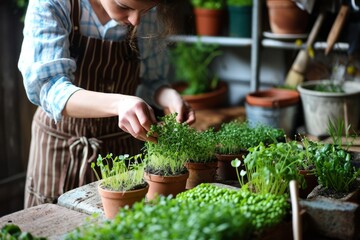 Woman tending to young microgreens. Individual gardening microgreens. Concept of urban farming, hands-on agriculture, green living, home gardening, healthy organic food.