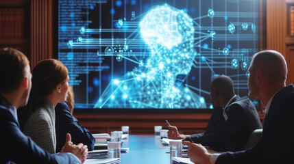 Group of corporate professionals intensely discussing the ethical implications of artificial intelligence in a modern conference room, illuminated by a holographic brain projection - obrazy, fototapety, plakaty