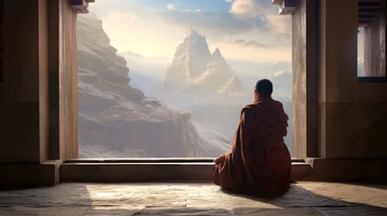 Foto op Canvas A monk in contemplation at a mountain temple during sunrise. Concept of meditation, serenity, spirituality, introspection, calmness © Jafree