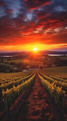 Warm sunset glow on vineyard rows with a picturesque backdrop. Concept of serene vineyard at...