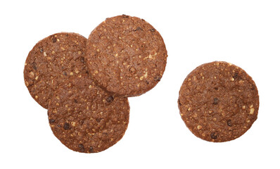 Pile biscuit with chocolate, wholegrain with rolled oats and chocolate isolated on white, top view