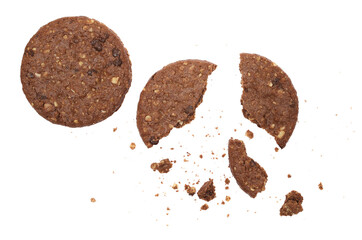 Broken biscuit with chocolate and crumbs, wholegrain with rolled oats and chocolate isolated on white, top view