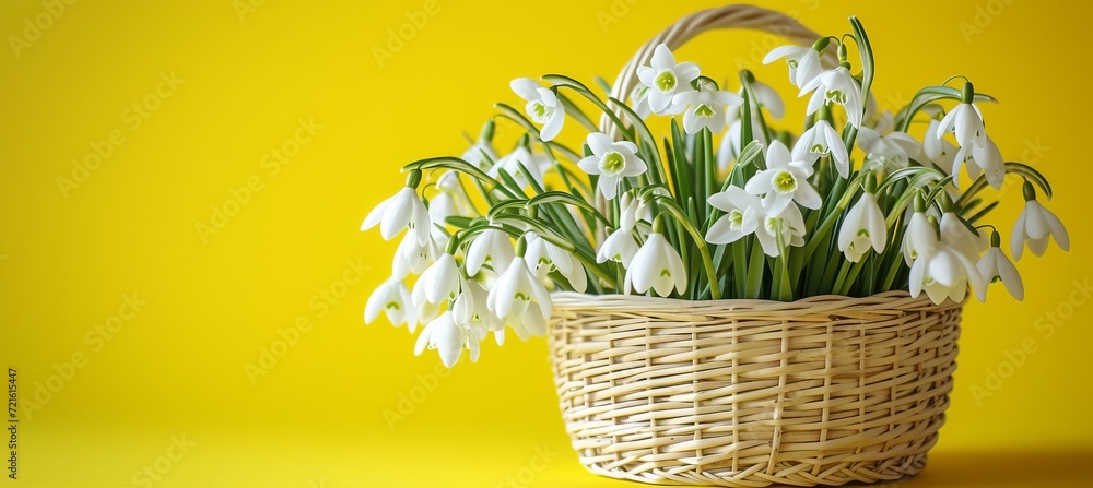 Aufkleber snowdrops in white basket on yellow spring background with space for text placement