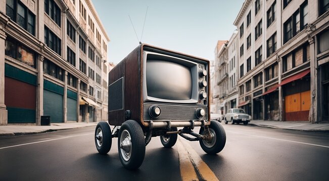 an old television with wheels, resembling a car