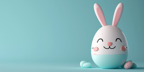 Creative cute painted Easter egg with smile on its face and bunny ears on blue empty background, banner with copy space, symbol of happy Easter