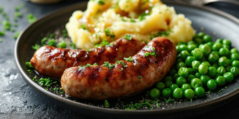 Pork sausages with creamy mashed potatoes, gravy sauce and green peas on black plate on dark grey background - obrazy, fototapety, plakaty