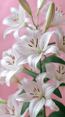 Branch with blooming white lily flowers, bouquet on pink background