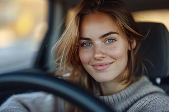 Beautiful young happy woman with warm smile driving her car. Close up portrait of female with glad positive expression enjoying travel