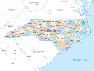 Colorful political map of the counties that make up the state of North Carolina in the United States - obrazy, fototapety, plakaty