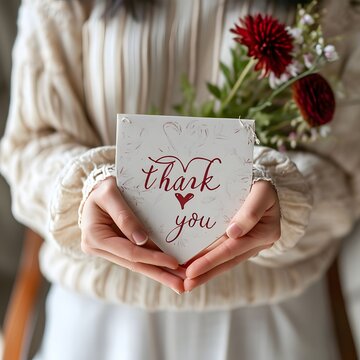 a woman holding a heart shaped card with a "thank you" message on it in her hands with a message written on it