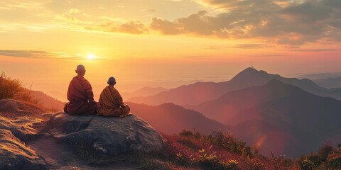 Buddhist monks young students children in meditation zen look at sunset or sunrise background from of statue. Serene warrior find spirituality and wellbeing. Mental health concept