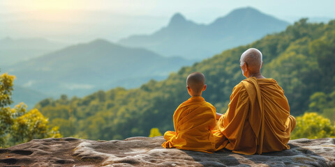 Two Buddhist monks young child and old senior man in meditation zen look at sunset or sunrise background on high mountain. Serene warrior find spirituality and wellbeing. Mental health concept - obrazy, fototapety, plakaty