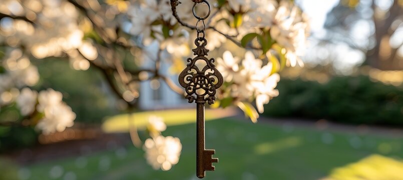 House key hanging from blooming spring garden tree branch with blurred private home background