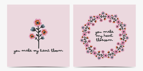 Set of Valentine's Day, anniversary, engagement, greeting cards, posters, templates, labels with colorful flowers
