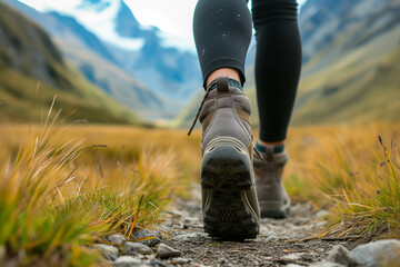 Person wearing hiking boots walking on path in field with mountains in the background