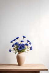 Wooden table with beige clay vase with bouquet of cornflower flowers, blank white wall. Home interior background with copy space.