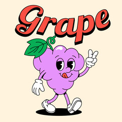 Retro Grapes with arms and legs. Purple groove fruit. Vector illustration for juice, drink, lemonade