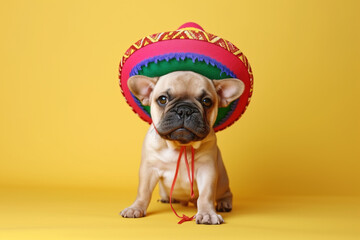 dog wearing sombrero sun hat on yellow background with copy space. Dog with Mexican hat. Lovely dog. Cute funny dog dressed up in sombrero hat as mexico festive symbol.