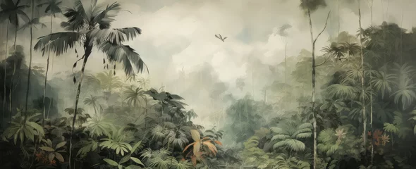 Fotobehang Watercolor pattern wallpaper. Painting of a jungle landscape in retro style. © Simon