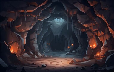 Cartoon cave interior illuminated with sunlight from the ceiling. Vector illustration of rocky landscape inside a very beautiful mountain