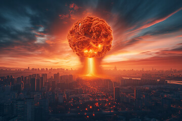 Obraz premium Nuclear energy with red atomic shadows stretching over the surface of the Earth, creating a threatening picture of a nuclear crisis.