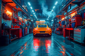 Luxury Car in Blue Workshop Garage