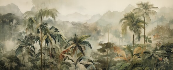 Watercolor pattern wallpaper. Painting of a jungle landscape in retro style.